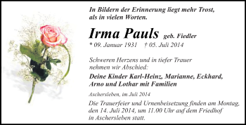 Traueranzeige von Irma Pauls von WVG - Wochenspiegel Quedlinburg