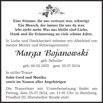 Traueranzeige von Marga Bojanowski von Super Sonntag Bernburg