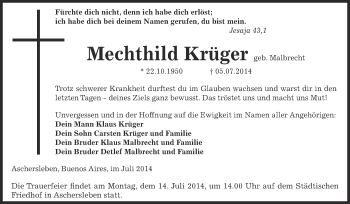 Traueranzeige von Mechthild Krüger von WVG - Wochenspiegel Aschersleben