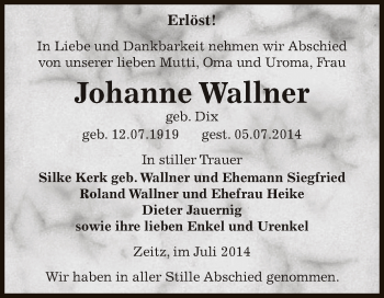 Traueranzeige von Johanne Wallner von Super Sonntag Zeitz