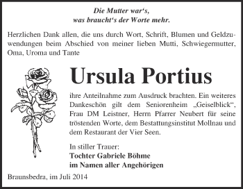 Traueranzeige von Ursula Portius von WVG - Wochenspiegel Merseburg