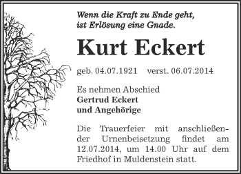 Traueranzeige von Kurt Eckert von WVG - Wochenspiegel Bitterfeld