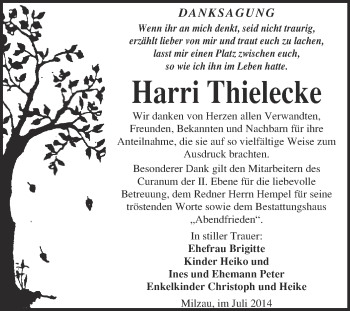 Traueranzeige von Harri Thielecke von WVG - Wochenspiegel Merseburg