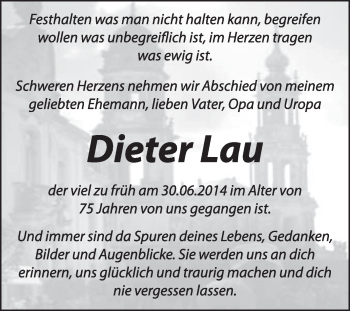 Traueranzeige von Dieter Lau von Super Sonntag Dessau / Köthen