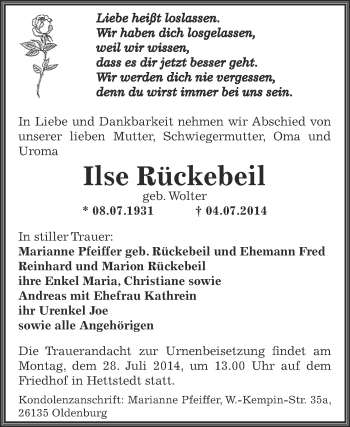 Traueranzeige von Ilse Rückebeil von Wochenspiegel Mansfelder Land