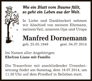 Traueranzeige von Manfred Dornemann von Super Sonntag Bernburg