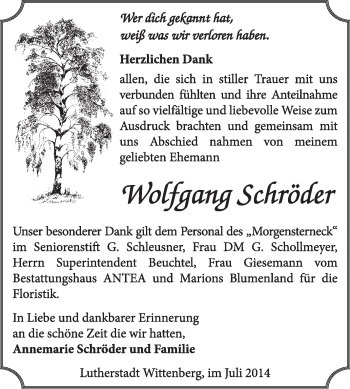 Traueranzeige von Wolfgang Schröder von Super Sonntag Wittenberg
