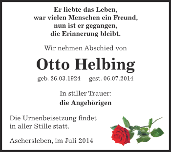 Traueranzeige von Otto Helbing von Super Sonntag Aschersleben