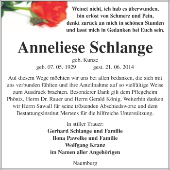 Traueranzeige von Anneliese Schlange von WVG - Wochenspiegel NMB / WSF / ZTZ