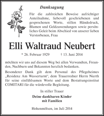 Traueranzeige von Elli Waltraud Neubert von WVG - Wochenspiegel NMB / WSF / ZTZ