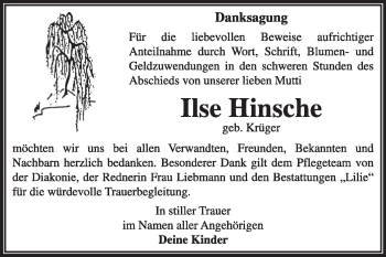 Traueranzeige von Ilse Hinsche von Super Sonntag Dessau / Köthen