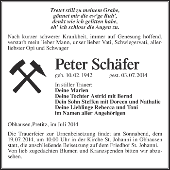 Traueranzeige von Peter Schäfer von WVG - Wochenspiegel NMB / WSF / ZTZ