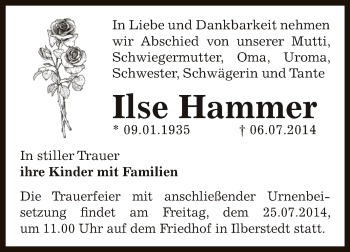 Traueranzeige von Ilse Hammer von Super Sonntag Bernburg