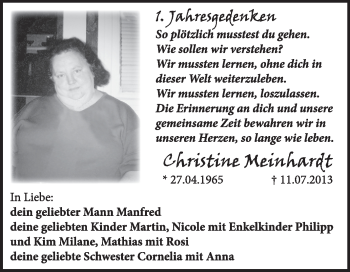 Traueranzeige von Christine Meinhardt von Super Sonntag Dessau / Köthen