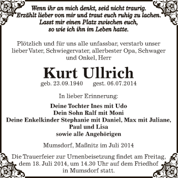 Traueranzeige von Kurt Ullrich von Super Sonntag Zeitz