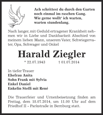 Traueranzeige von Harald Ziegler von Super Sonntag Bernburg