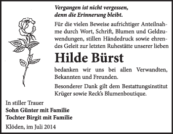 Traueranzeige von Hilde Bürst von WVG - Wochenspiegel Wittenberg