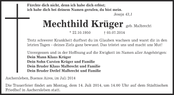 Traueranzeige von Mechthild Krüger von Super Sonntag Aschersleben
