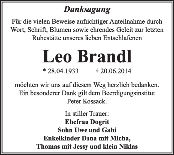 Traueranzeige von Leo Brandl von Super Sonntag Dessau / Köthen