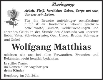 Traueranzeige von Wolfgang Matthias von Super Sonntag Bernburg