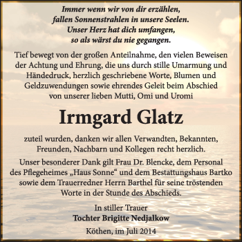 Traueranzeige von Irmgard Glatz von Super Sonntag Dessau / Köthen