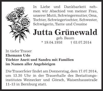 Traueranzeige von Jutta Grünewald von Super Sonntag Bernburg