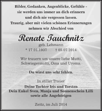 Traueranzeige von Renate Tauchnitz von Super Sonntag Zeitz