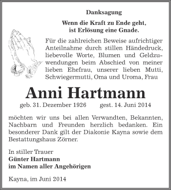 Traueranzeige von Anni Hartmann von Super Sonntag Zeitz