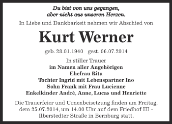 Traueranzeige von Kurt Werner von Super Sonntag Bernburg