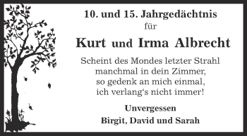 Traueranzeige von Kurt und Irma Albrecht von Super Sonntag SGH Mansf. Land
