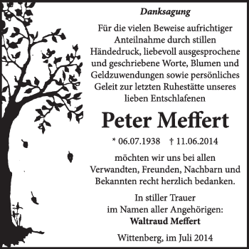 Traueranzeige von Peter Meffer von WVG - Wochenspiegel Wittenberg