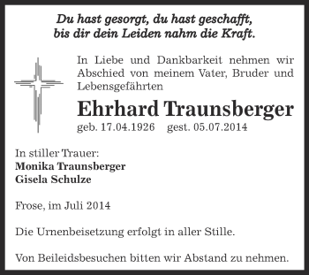 Traueranzeige von Ehrhard Traunsberger von Super Sonntag Aschersleben