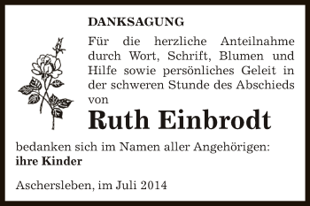 Traueranzeige von Ruth Einbrodt von Super Sonntag Aschersleben
