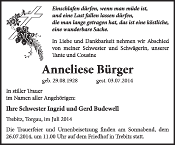 Traueranzeige von Anneliese Bürger von WVG - Wochenspiegel Wittenberg