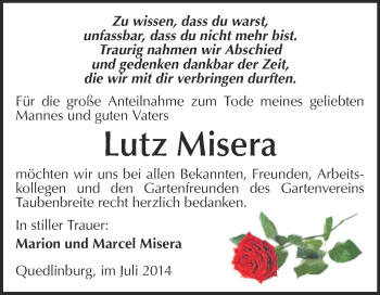Traueranzeige von Lutz Misera von Super Sonntag Quedlinburg