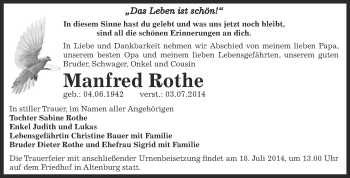 Traueranzeige von Manfred Rothe von Super Sonntag Bernburg