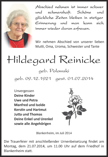 Traueranzeige von Hildegard Reinicke von Super Sonntag SGH Mansf. Land