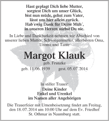 Traueranzeige von Margot Klauk von WVG - Wochenspiegel NMB / WSF / ZTZ