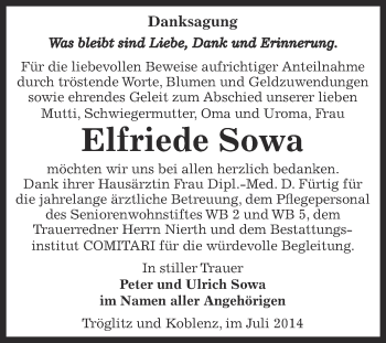 Traueranzeige von Elfriede Sowa von Super Sonntag Zeitz