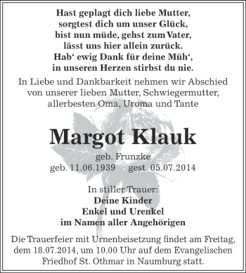 Traueranzeige von Margot Klauk von Super Sonntag Zeitz