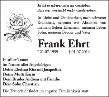 Traueranzeige von Frank Ehrt von Super Sonntag Dessau / Köthen