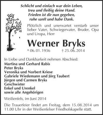 Traueranzeige von Werner Bryks von WVG - Wochenspiegel NMB / WSF / ZTZ
