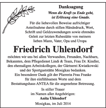 Traueranzeige von Friedrich Uhlendorf von Super Sonntag Dessau / Köthen