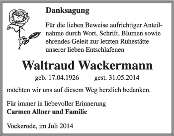 Traueranzeige von Waltraud Wackermann von Super Sonntag Wittenberg