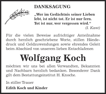 Traueranzeige von Wolfgang Koch von Super Sonntag Aschersleben