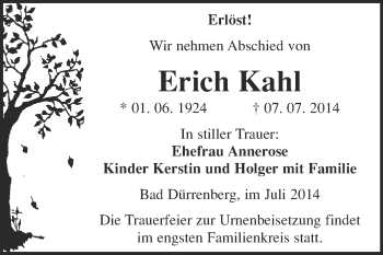 Traueranzeige von Erich Kahl von Super Sonntag Merseburg