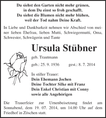 Traueranzeige von Ursula Stübner von Super Sonntag Merseburg
