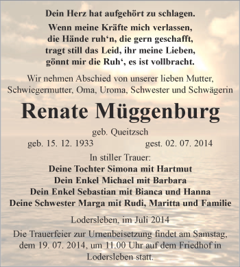 Traueranzeige von Renate Müggenburg von WVG - Wochenspiegel Merseburg