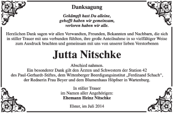 Traueranzeige von Jutta Nitschke von WVG - Wochenspiegel Wittenberg