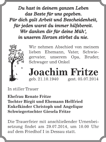 Traueranzeige von Joachim Fritze von WVG - Wochenspiegel Dessau / Köthen